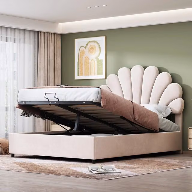 Letto matrimoniale con contenitore Mivray in velluto beige con rete a doghe e sollevamento idraulico L/P/H: 140 x 200 x 119 cm