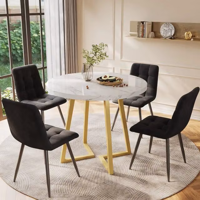 Set tavolo da pranzo rotondo ?80 cm con 4 sedie in velluto nero