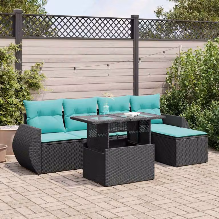 Set Divano da Giardino vidaXL 6 pz in Polyrattan con Cuscini e Tavolino da Caffè, Design Moderno a L, Colore Nero
