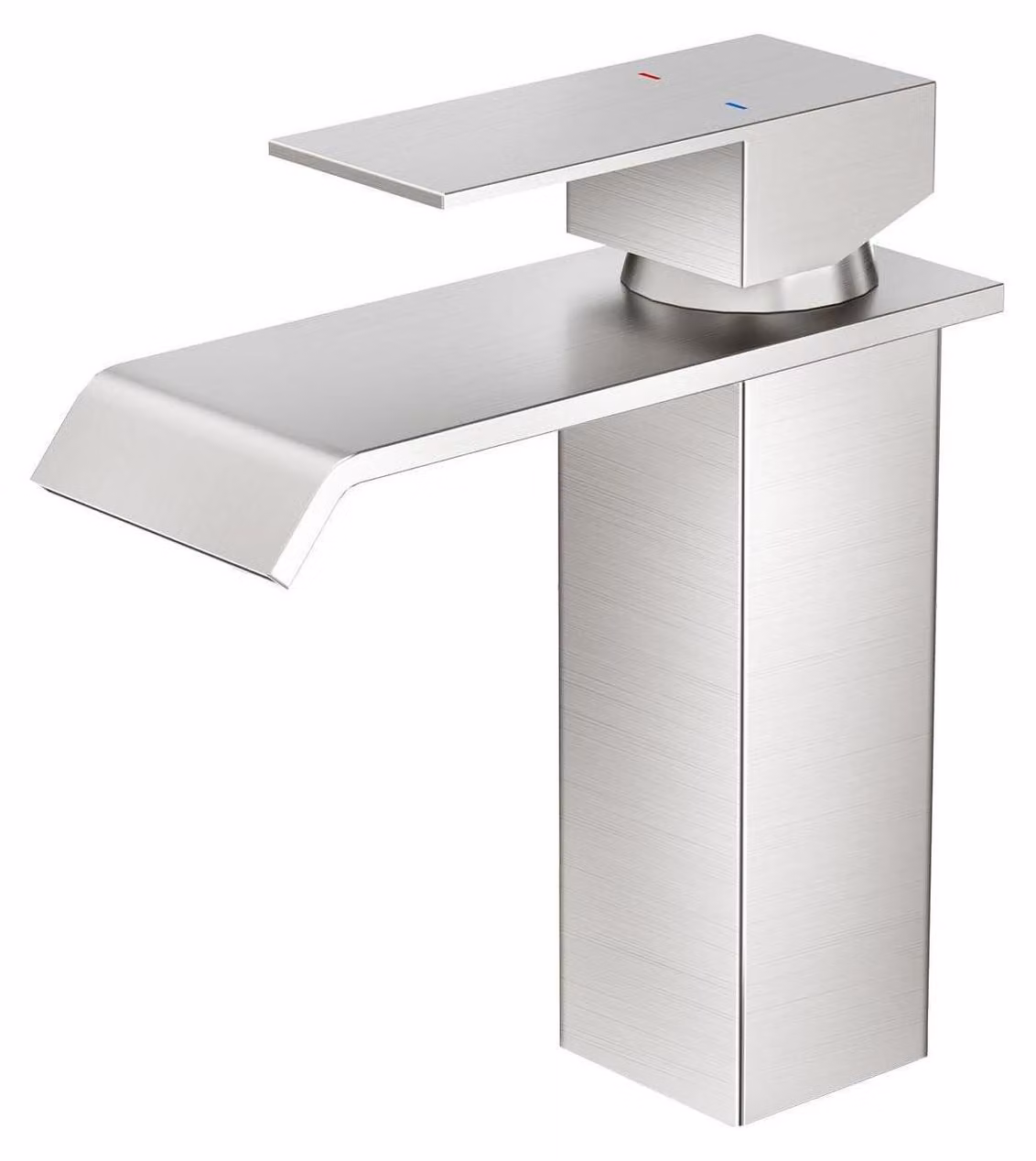 Miscelatore per lavabo a cascata, con sistema di scarico, in acciaio inossidabile spazzolato