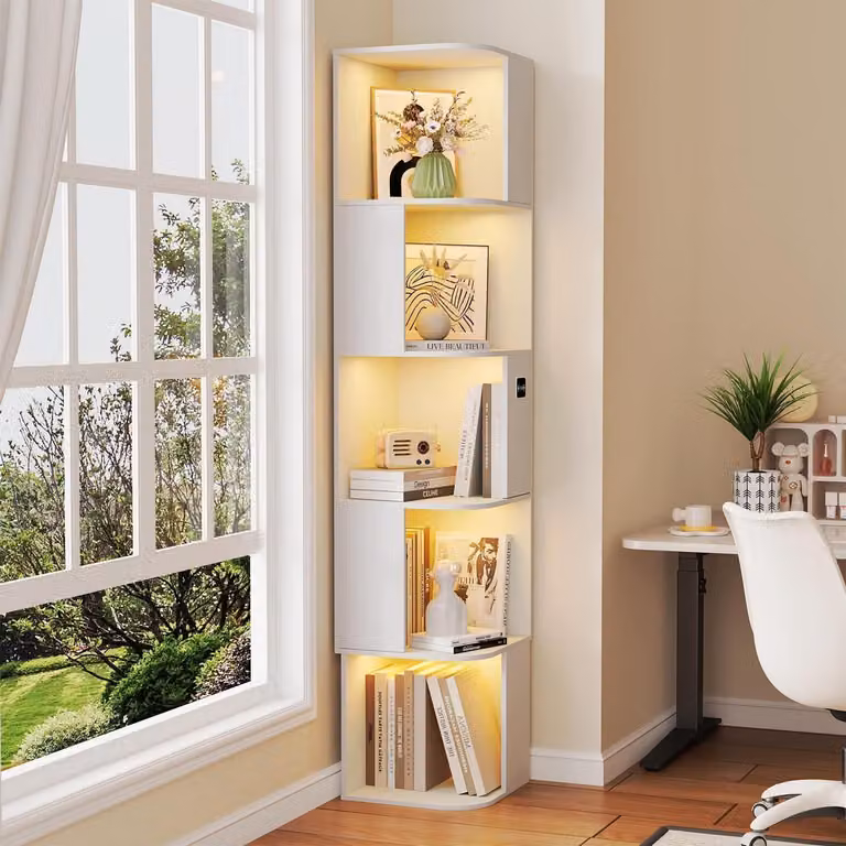 Scaffale a colonna con illuminazione a LED, 5 ripiani, 35x35x165 cm, bianco