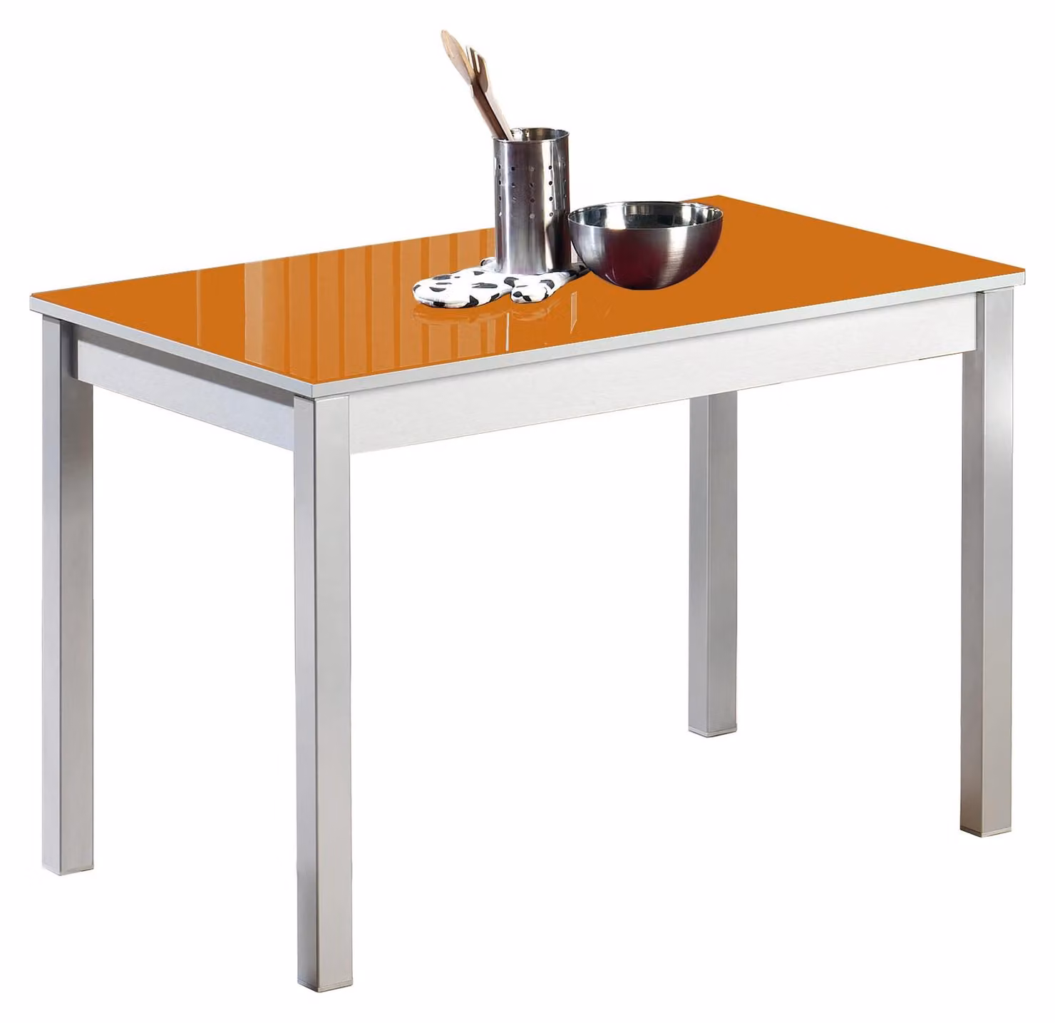 Tavolo da pranzo con piano in vetro arancione, struttura in metallo, dimensioni 90x50 cm