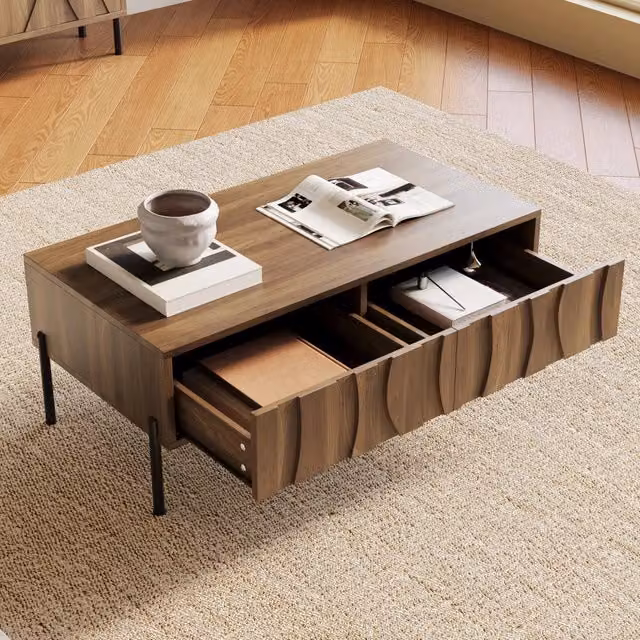 Tavolino basso con 2 cassetti ondulati e gambe in ferro per soggiorno in MDF e truciolare naturale 105 × 55 × 41 cm