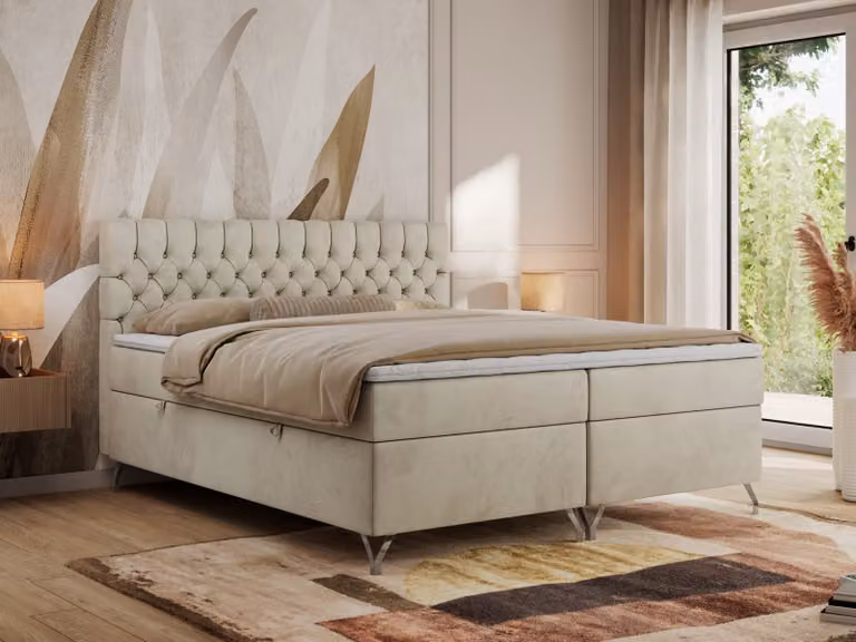 Letto boxspring MKS MEBLE 180x200, letto 180x200 con materasso H3, letto boxspring 180x200 con contenitore e topper, letto imbottito 180x200 con piedini - GRIMALDI - 180x200 - Velluto beige - H3