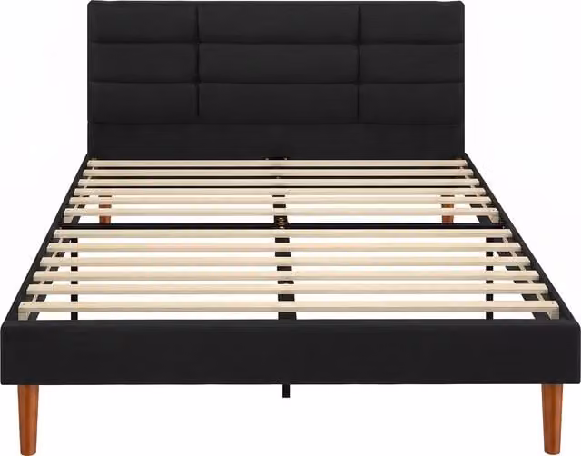 Letto matrimoniale imbottito HOMCOM con effetto lino, rete a doghe e spazio contenitivo, nero, L/P: 140 x 200 cm – 1