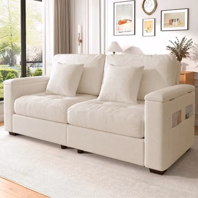 Divano a 2 posti Mivray moderno in tessuto beige con struttura in legno e cuscini inclusi