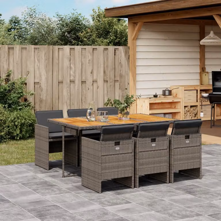 vidaXL Set da Pranzo da Giardino 7 pz in Polyrattan e Legno di Acacia con Cuscini Grigio e Marrone