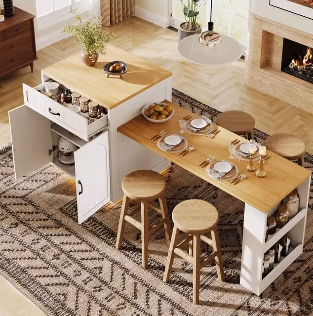 Isola cucina con tavolo allungabile, 2 cassetti, 4 ante, maniglie in metallo, MDF, nero/bianco, 80x70x95,5 cm