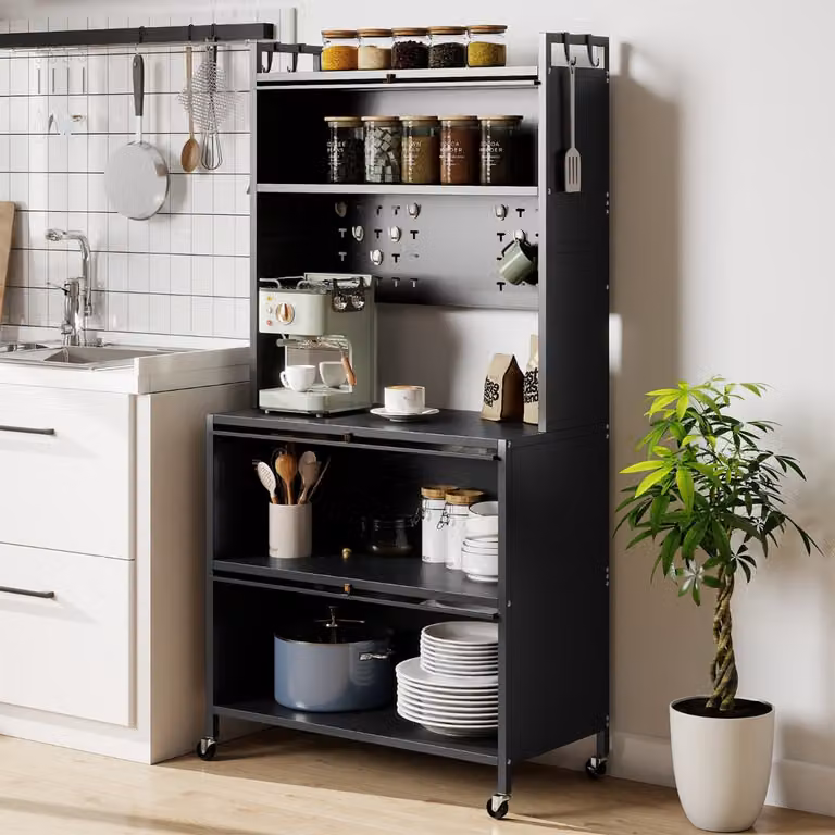 Mobile da cucina Costway grigio con 5 ripiani, supporto microonde e ante a ribalta in metallo con finitura opaca