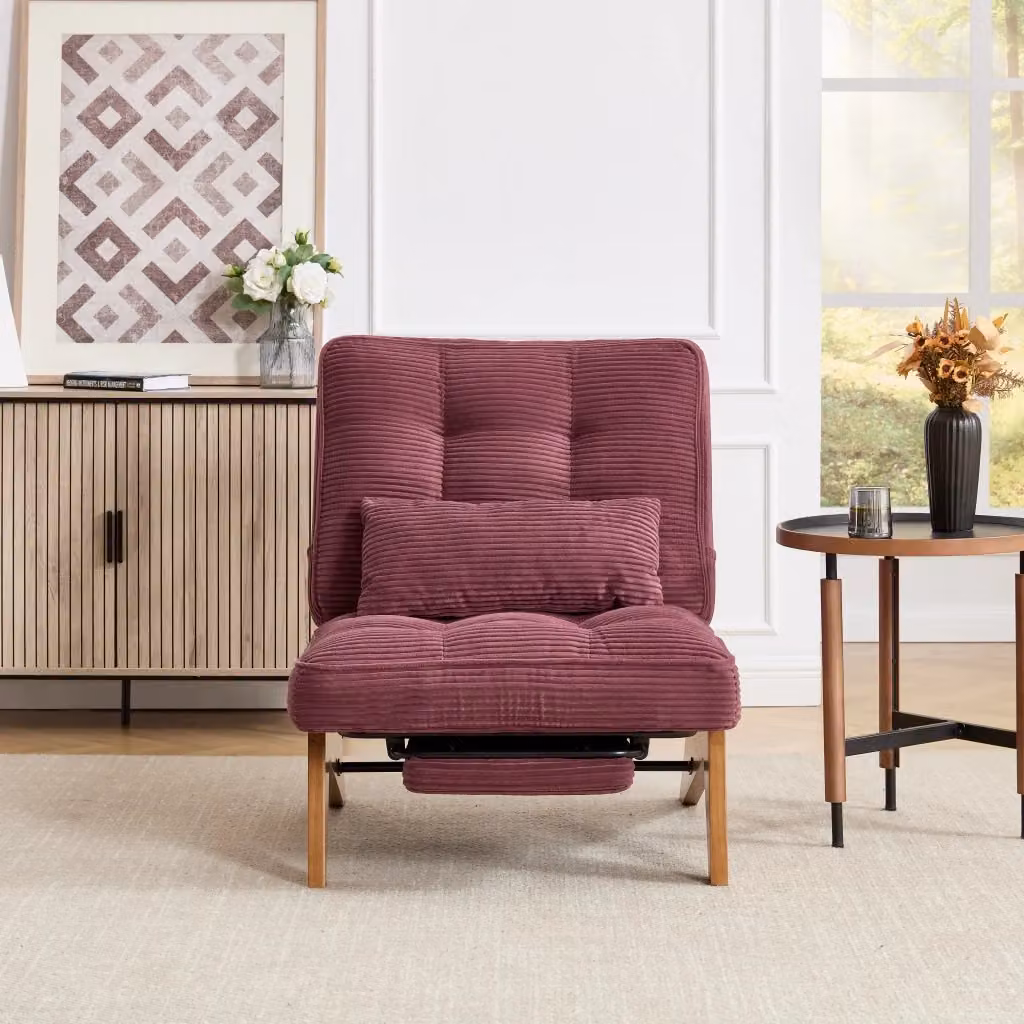 Poltrona Relax Chicfurn in Velluto a Coste Rosso Vino con Schienale Regolabile, Poggiapiedi e Cuscino Lombare – 2