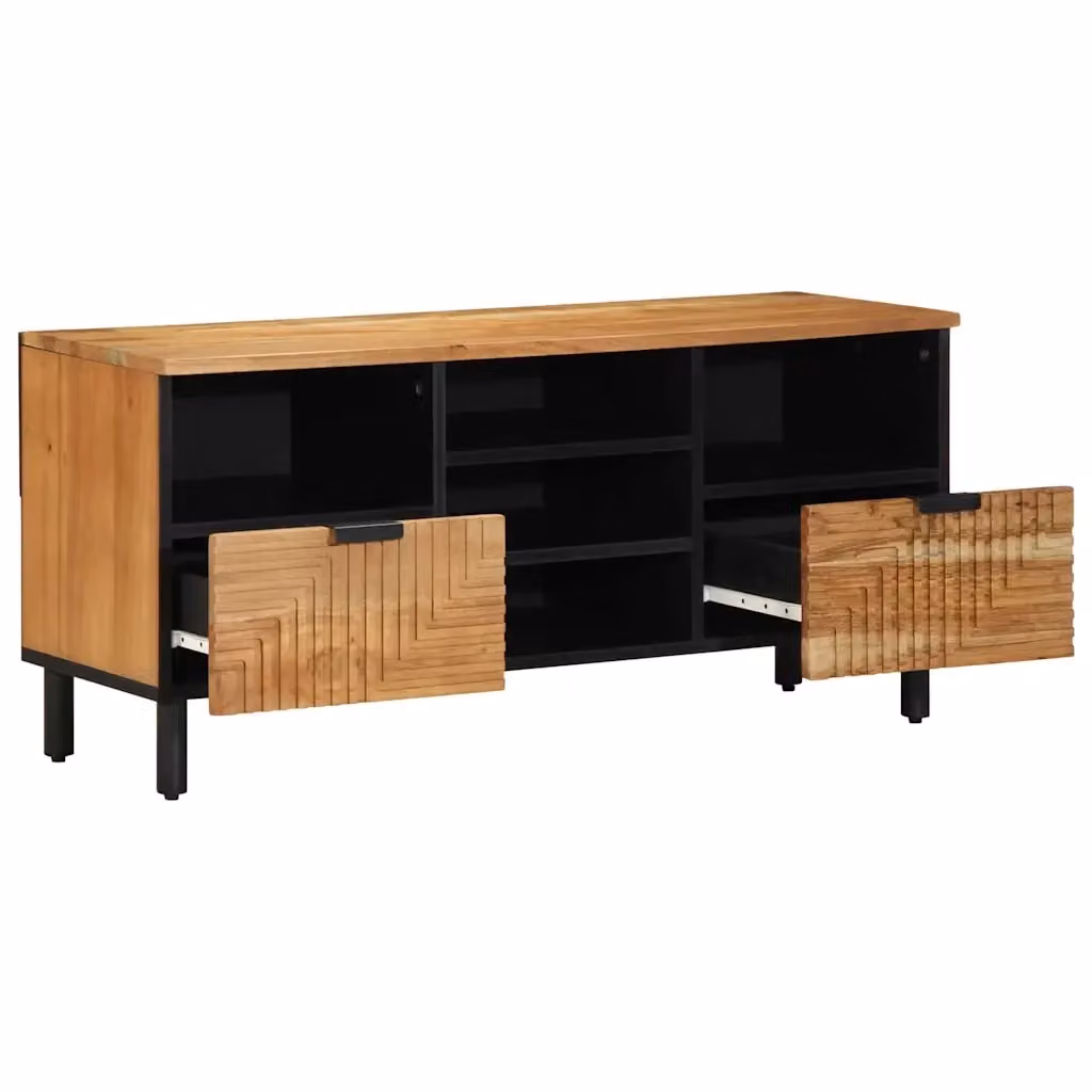 Mobile TV moderno in legno di mango massello marrone con design astratto, L: 100 cm, P: 33 cm, H: 46 cm – 2