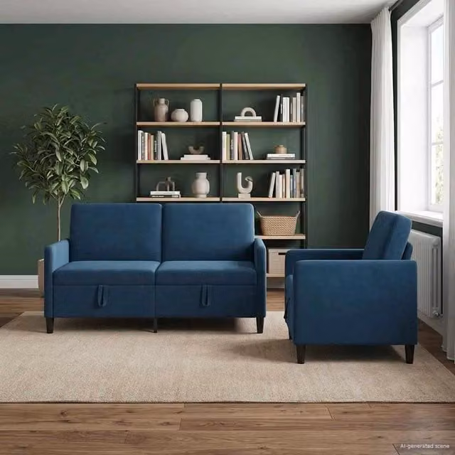 Set di 2 divani moderni vidaXL con contenitore a sollevamento, rivestimento in tessuto blu e nero per il tuo soggiorno – 1