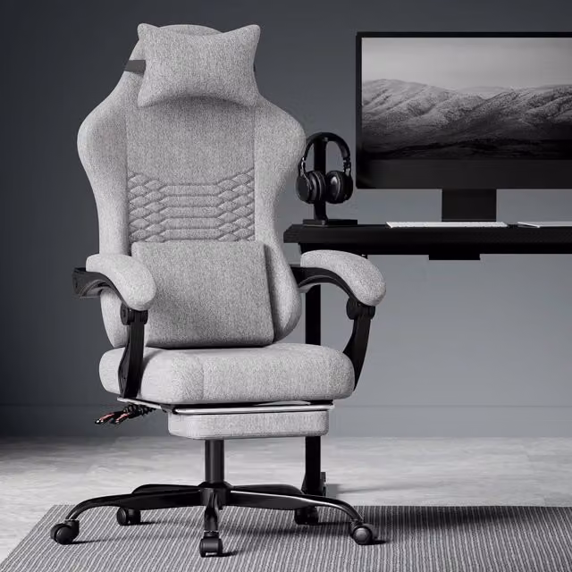 Poltrona Gaming Massaggiante MINIMAL in Tessuto con Poggiapiedi, Grigio Chiaro