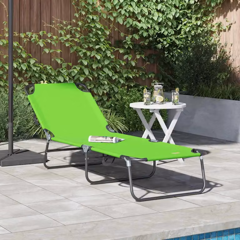 vidaXL Lettino prendisole pieghevole in textilene verde con struttura in acciaio e poggiatesta regolabile L: 188 cm, P: 57 cm, H: 86,5 cm