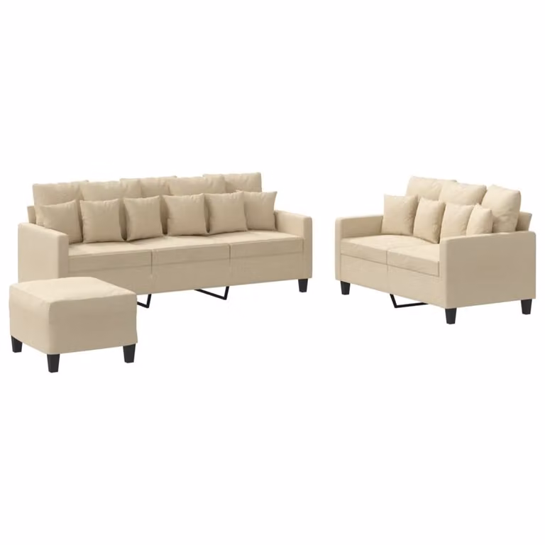 Set di Divani 3 pz con Cuscini Crema in Tessuto