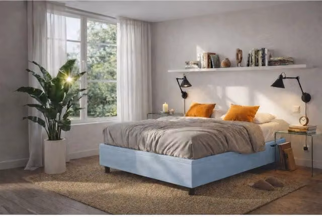 Letto imbottito Letto Matrimoniale alla Francese 140x200 cm BoxMax - Contenitore,Microfibra,Azzurro