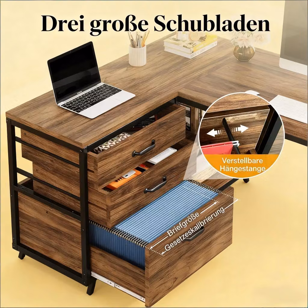 Scrivania ad angolo reversibile REDOM in metallo e legno, stile industrial, Nero/Marrone, L: 134 cm x P: 50 cm – 2