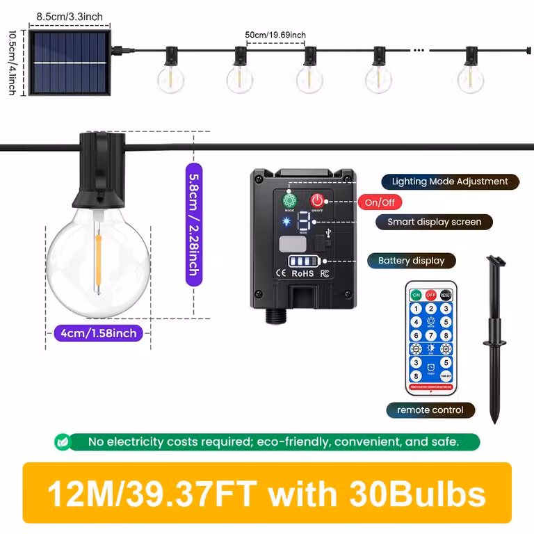 Catena luminosa a LED solare - 12 metri con 30 luci a forma di sfera - Telecomando - Timer con 3/5/8 ore - 8 modalità di illuminazione lampeggiante - Lampadine resistenti agli urti - Grado di protezione IP44