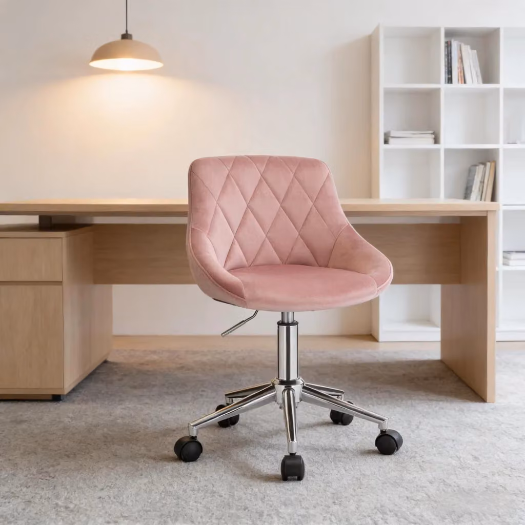 Sedia da Ufficio Girevole in Velluto Rosa con Ruote e Struttura in Metallo, Regolabile in Altezza – 2