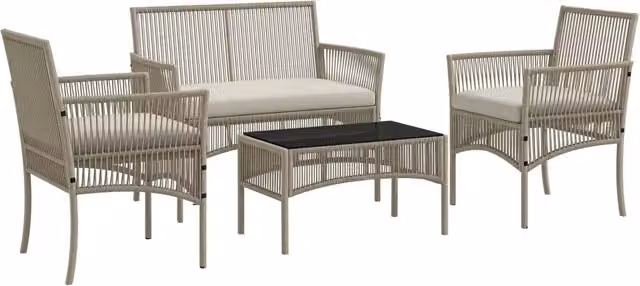 Set da Giardino 4 Pezzi in Rattan PE e Acciaio con Divano 2 Poltrone e Tavolino da Caffè Robusto per Terrazzo Patio Kaki e Nero