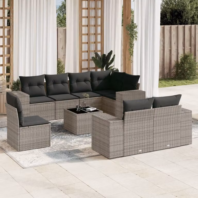 vidaXL Set Divano da Giardino a L 9 pz in Polyrattan Grigio con Cuscini e Tavolino