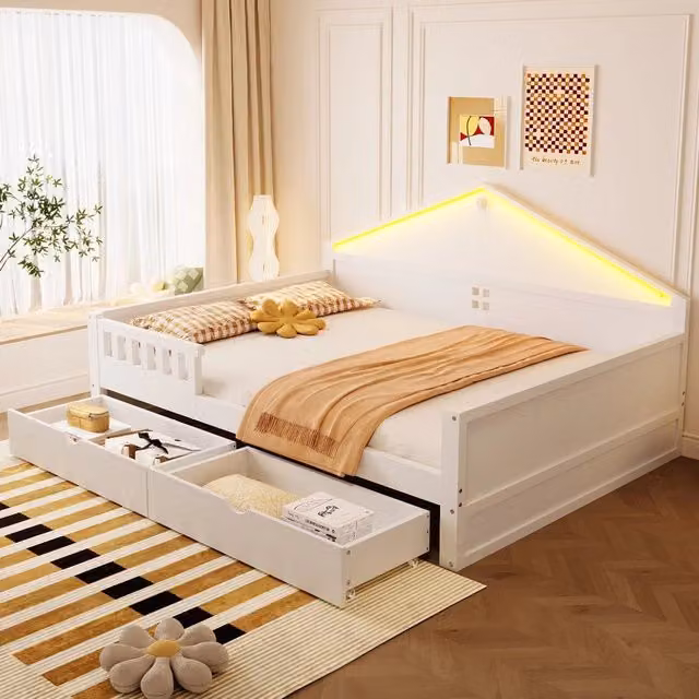 Letto singolo con cassetti e rete a doghe ¨C Minimal ¨C Bianco in legno 140x200 cm con LED