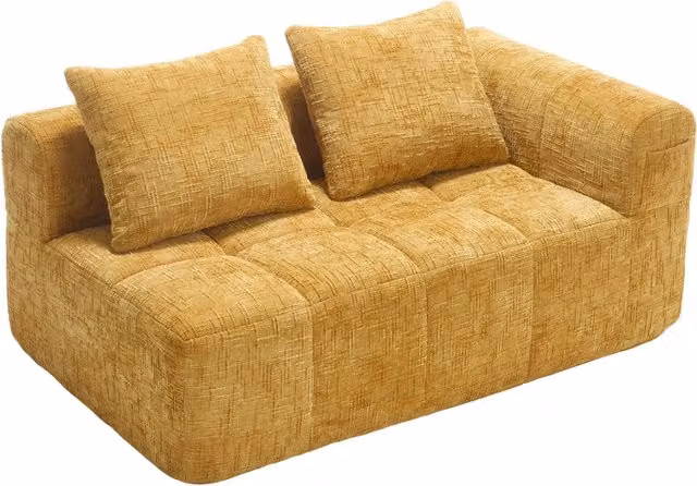 Divano 2 posti in tessuto chenille giallo con chaise longue, cuscino incluso e tasche laterali