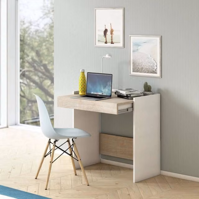 Scrivania Adri DMORA moderna con cassetto per ufficio o studio, Bianco e Rovere, L: 80 cm, P: 40 cm, H: 79 cm – 1