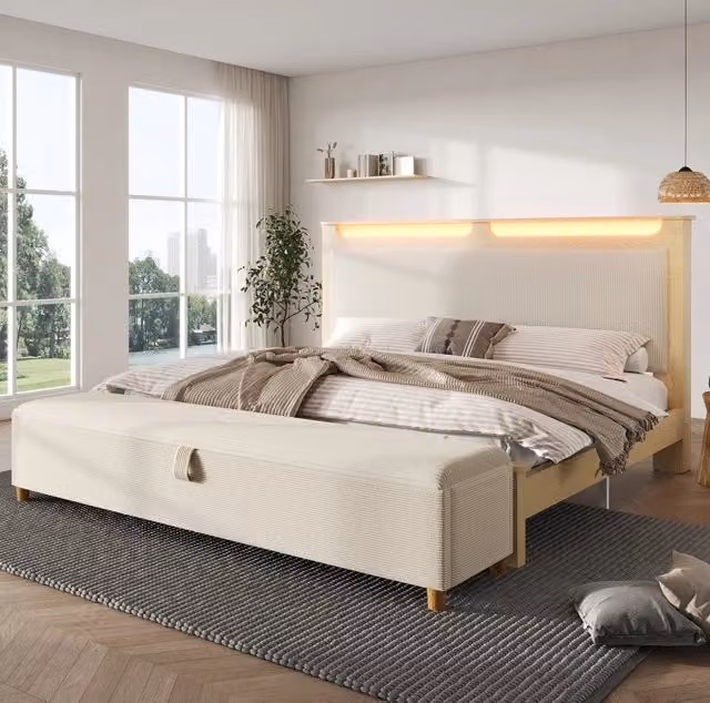 Letto matrimoniale 140x200 cm con LED; contenitore e panca; materasso incluso; beige ed effetto rovere