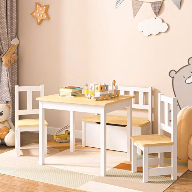 Set Mobili per Cameretta Lousame en.casa composto da 1 Tavolo, 2 Sedie e 1 Cassapanca - Bianco/Naturale