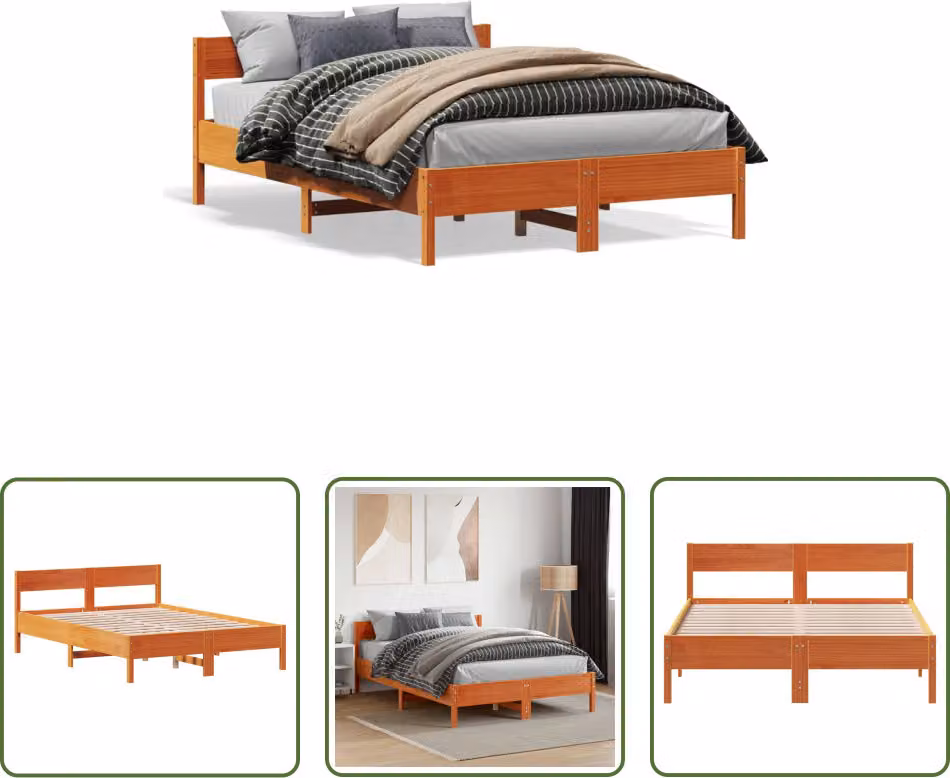 The Living Store Letto in legno massiccio con testiera marrone cera 120x190 cm pino