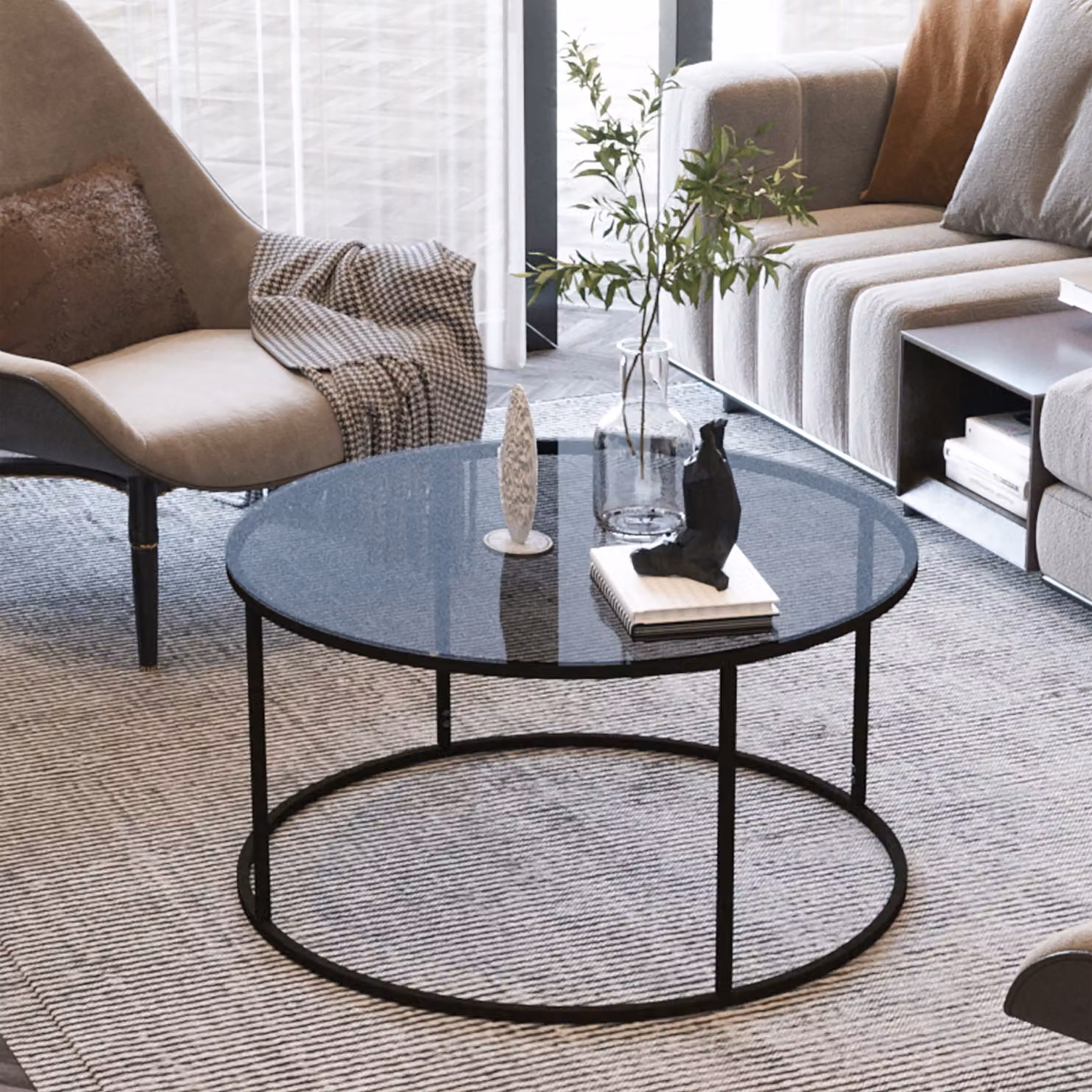 Tavolino Kolari 45 x 80 cm Tavolino da salotto Tavolo in vetro Tavolo da divano rotondo Vetro fumé 4 mm Nero