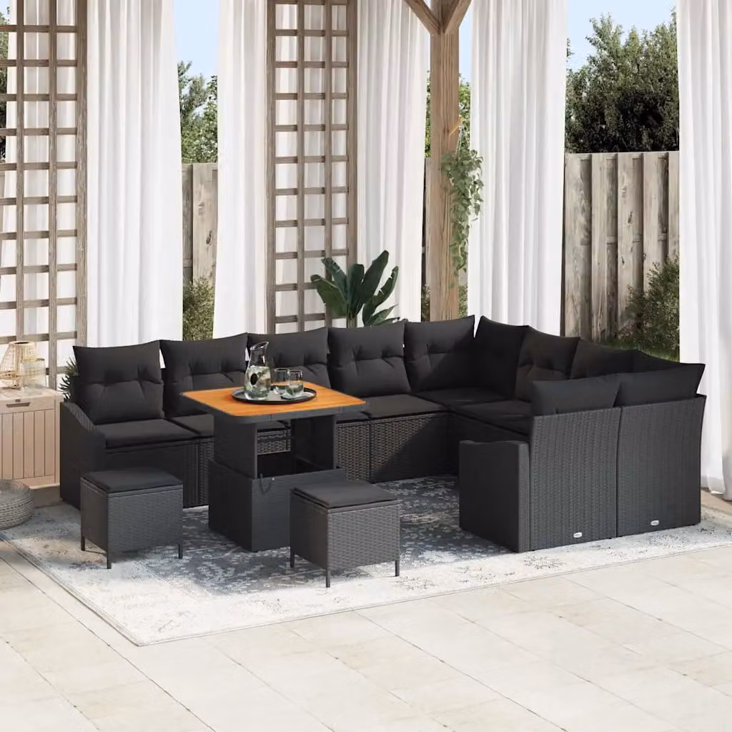 Set Divano da Giardino Moderno vidaXL 12 Pezzi Nero con Cuscini e Tavolino in Polyrattan e Acciaio – 1