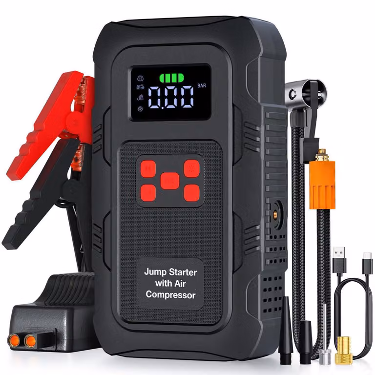 Power bank con compressore da 6000A per auto fino a 10 litri di benzina/8 litri di diesel, dotata di pompa d'aria e luce LED