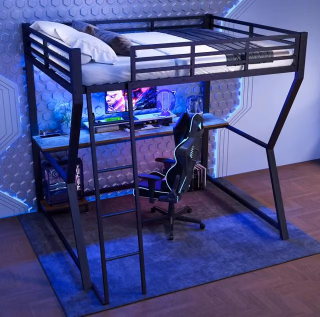 Letto a soppalco 140x200 cm nero con scrivania, LED, presa USB e scaffale PC