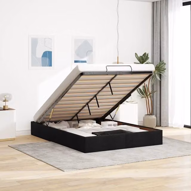 Struttura Letto con Contenitore a Alzata vidaXL in Tessuto Nero L: 140 cm, P: 200 cm, H: 23,5 cm