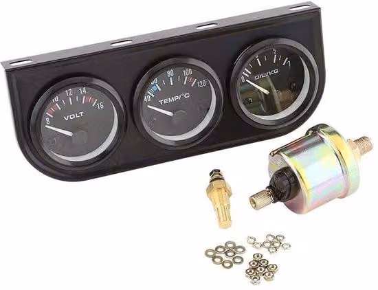 Kit di manometri per olio e voltmetro, colore nero, set di misurazione per acqua e tripla funzione, adatto per camion e trattori