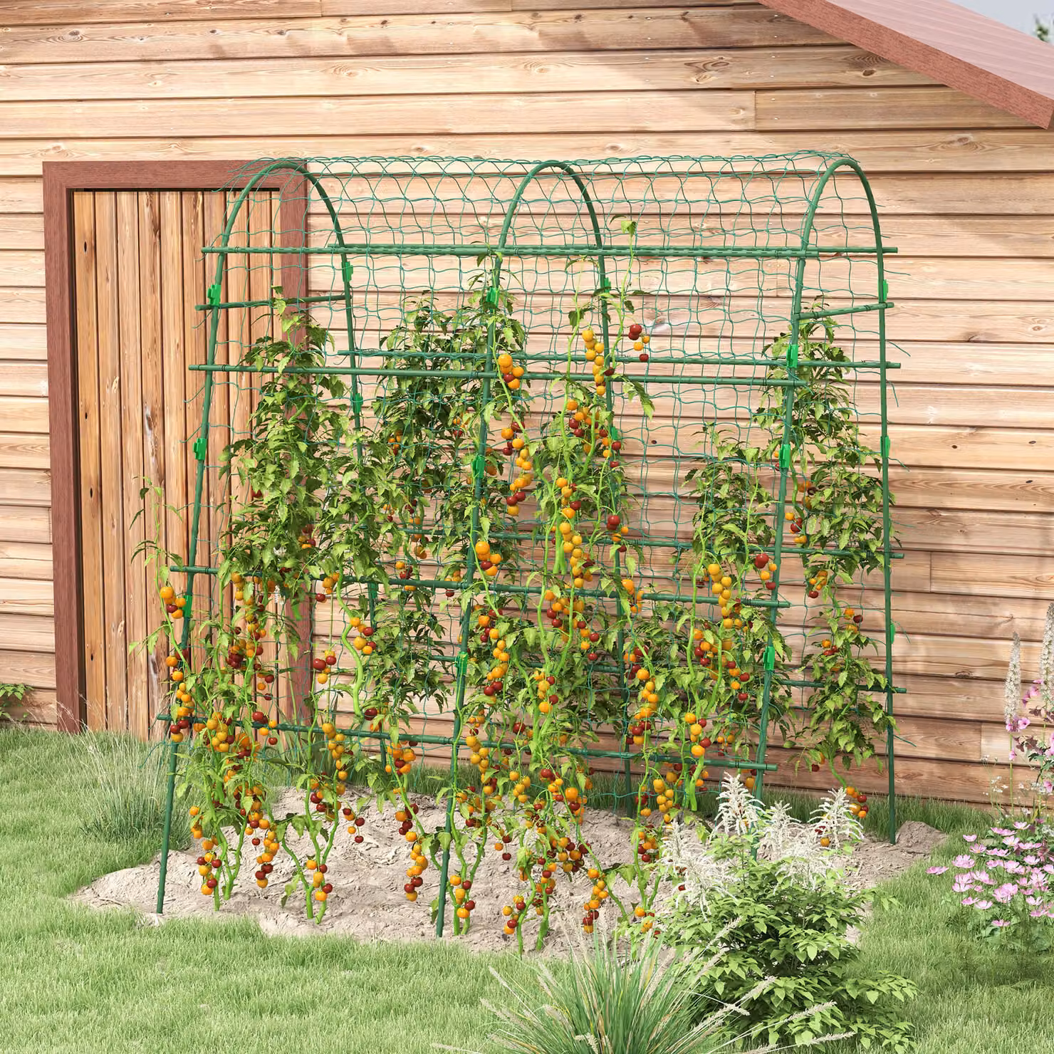 Graticcio da giardino ad arco Outsunny per piante rampicanti e orto in acciaio verde, Altezza: 206 cm – 2