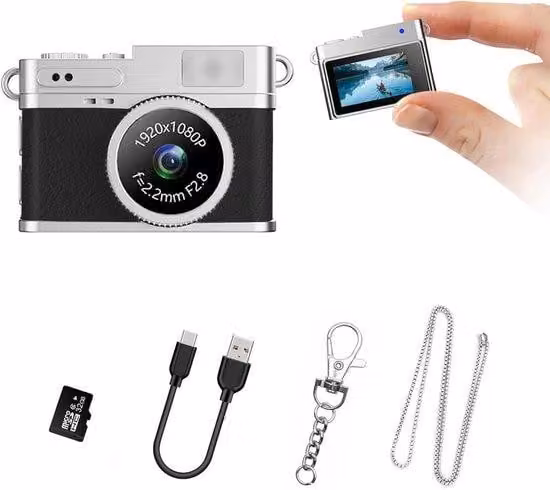 Mini fotocamera digitale con display da 0,96" - 1080p - con scheda SD da 32 GB e adattatore OTG inclusi - portatile - nera