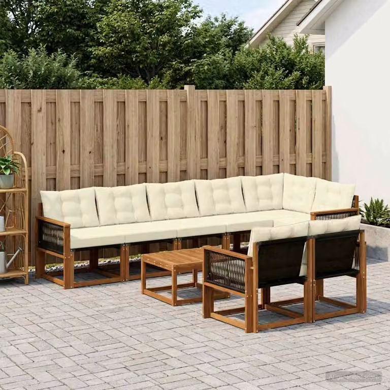 Set di divani da esterno vidaXL a forma di U composto da 9 pezzi in legno di acacia con tavolino da caffè e cuscini, colore beige e bianco
