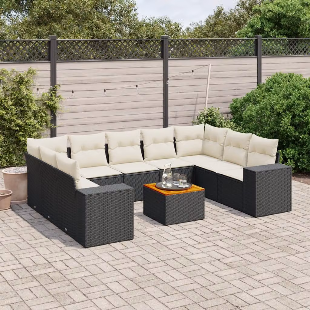 Set di divani da giardino vidaXL in polyrattan nero con cuscini e tavolino da esterno a forma di L – 1
