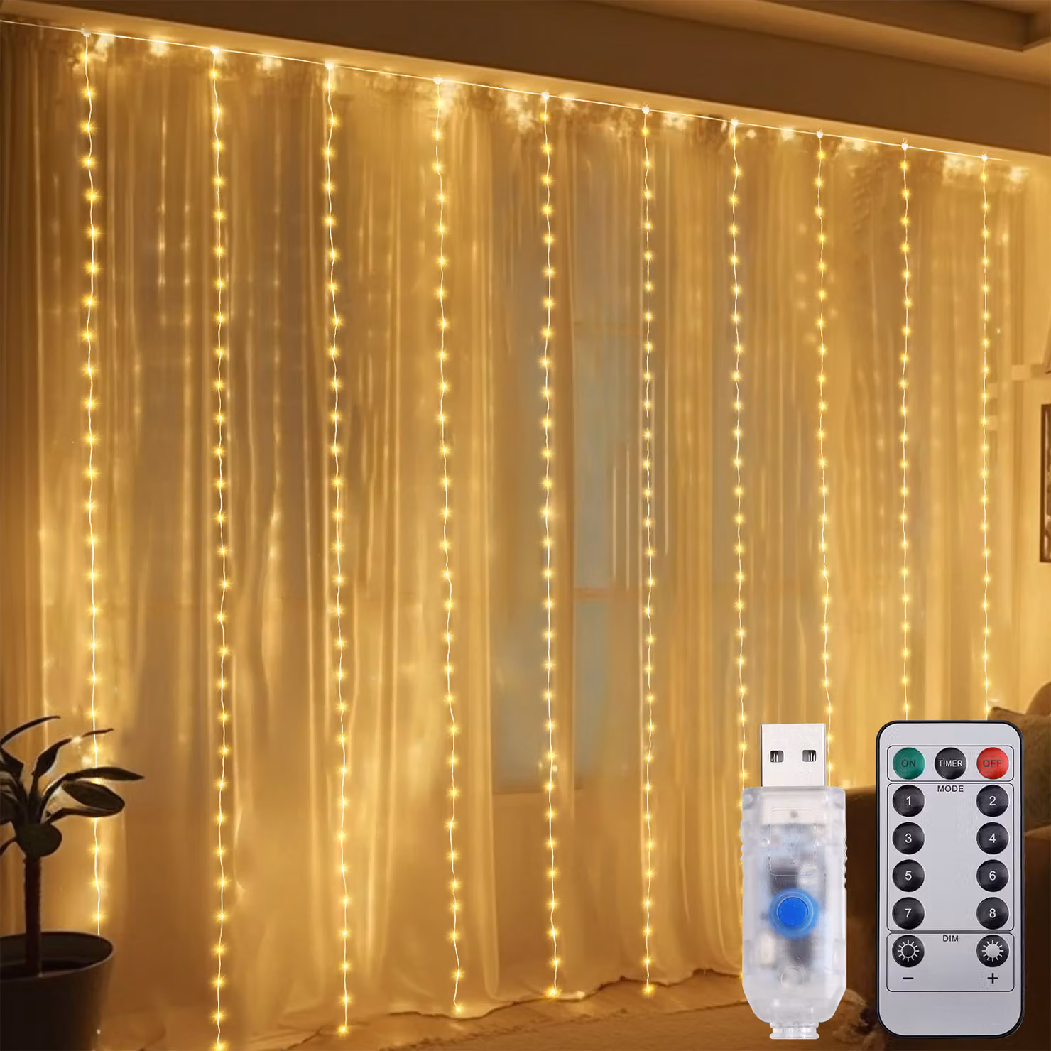 Salcar LED fata tenda luci 3X3 m 200 LED fata luci di Natale USB con telecomando timer 8 modalità per finestra matrimonio festa decorazione