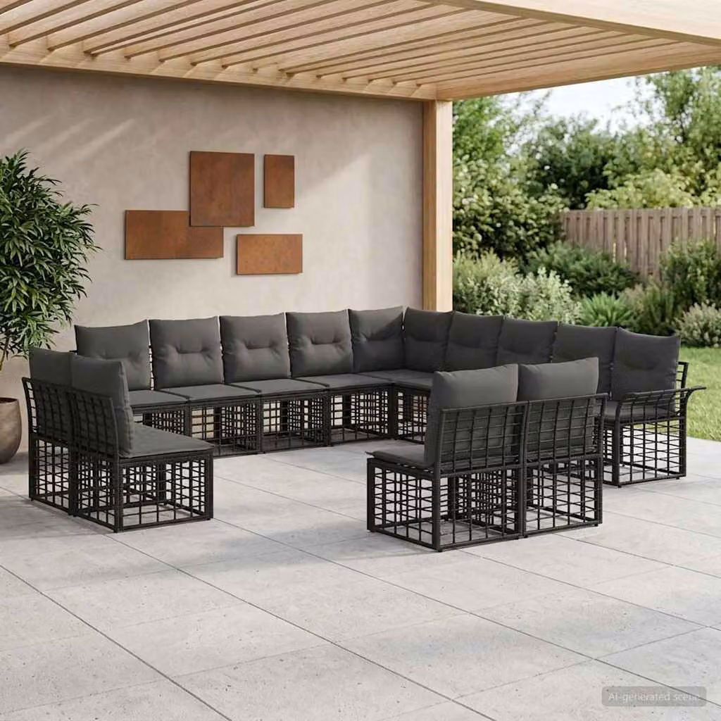 Set di divani da esterno vidaXL a forma di U composto da 13 pezzi in nero e grigio con struttura in metallo e cuscini in poliestere resistente ai raggi UV