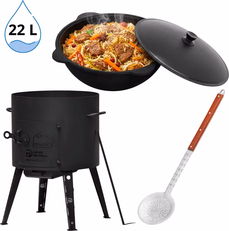 Utschak Uchag Fornello a legna Ø49 cm Acciaio da 2 mm Kazan 22 L Schiumarola XXL Schiumarola Fornello da campeggio Bollitore Braciere