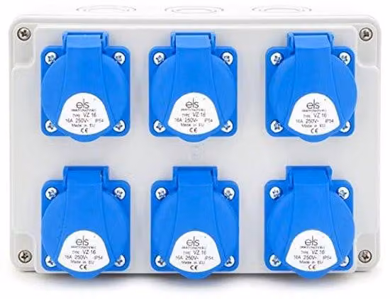Distributori di prese elettriche con 6 prese Schuko da 230V - Grado di protezione IP54 - Adatti per officine e garage