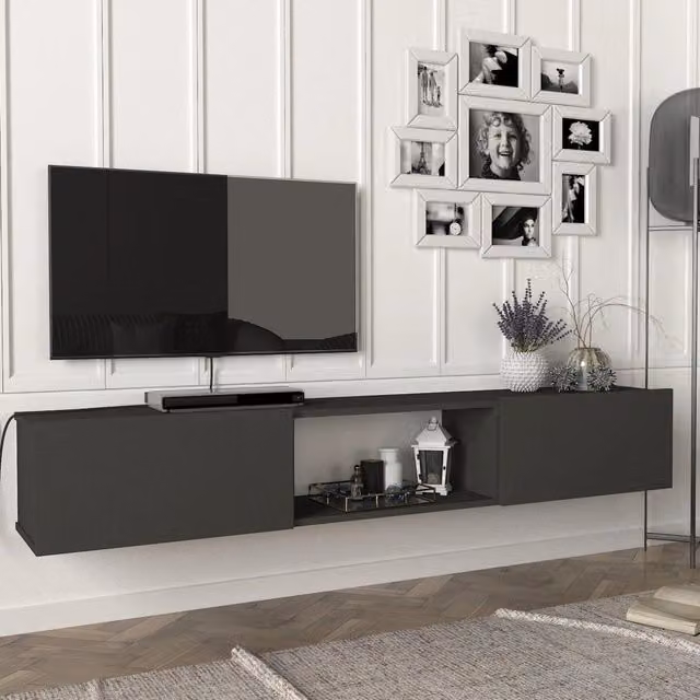 Mobile TV da parete Paltamo en.casa con ante a ribalta, colore antracite, L 180 x P 31 x H 29,5 cm