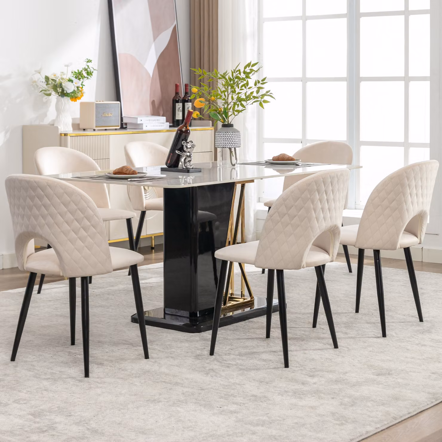 Set di 6 sedie per sala da pranzo Flieks, sedie da pranzo imbottite con gambe in metallo, sedie da cucina con piedini regolabili, sedie da soggiorno con rivestimento in velluto, beige