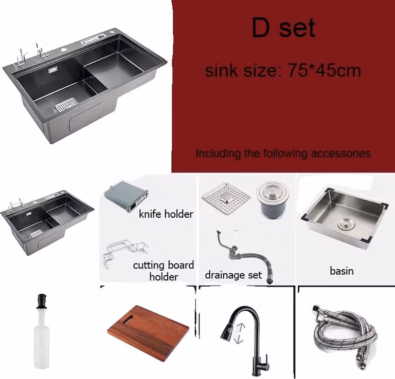 Lavello da cucina, Rubinetto estraibile, Acciaio inox resistente, 75x45cm B