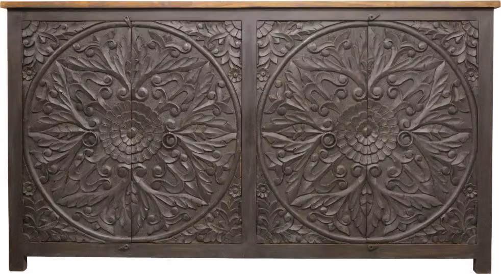 Credenza vintage Marrakesh con ante in legno massiccio alta 190 cm come mobile da salotto | Cassettiera decorativa orientale Faiza nera per riporre oggetti di stile in sala da pranzo e camera da letto