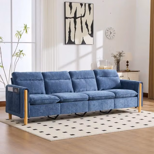 Divano modulare a U 4 posti in ciniglia blu con 2 pouf contenitore HOMVRA